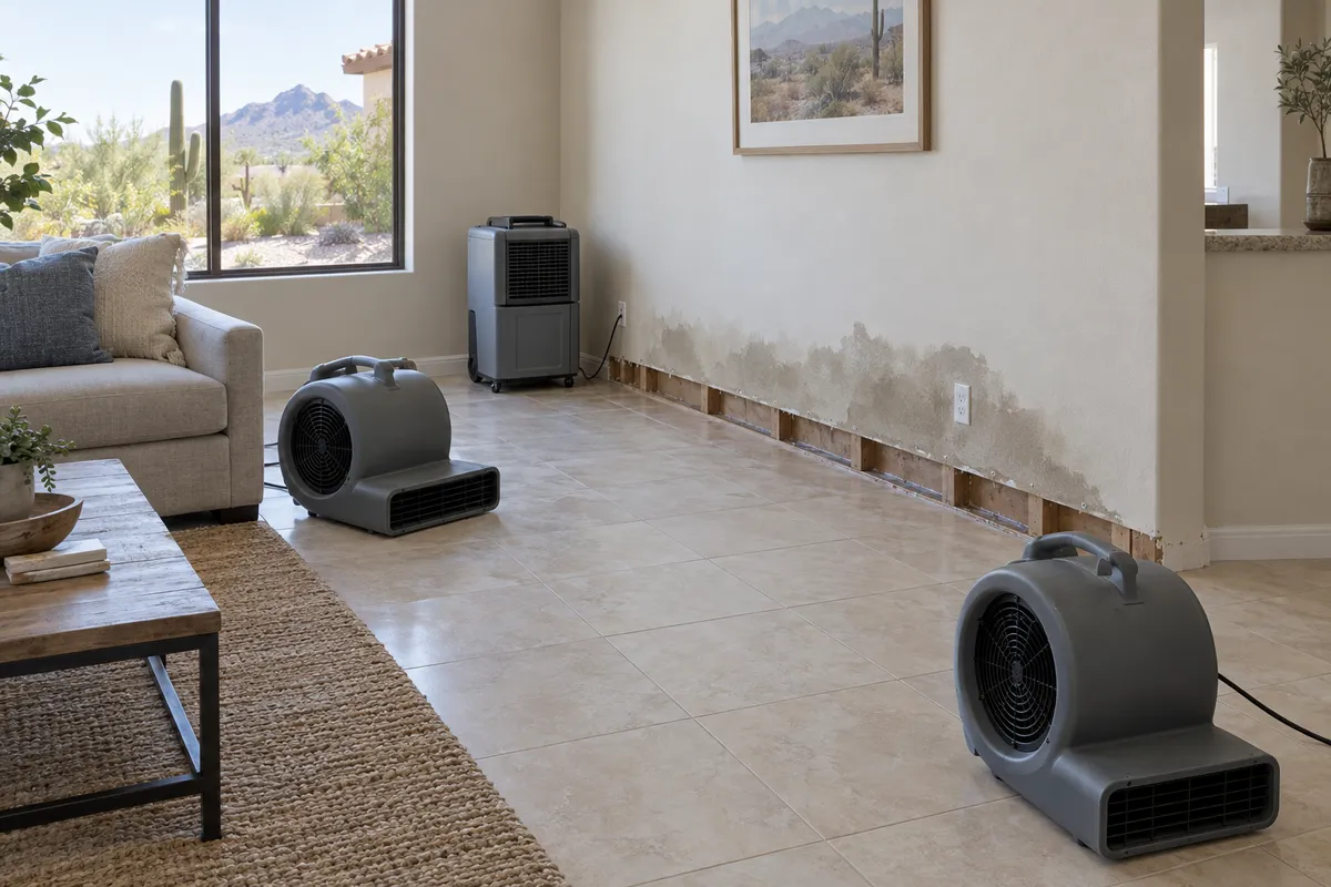 Air movers and a dehumidifier drying a tile floor and wall after a leak