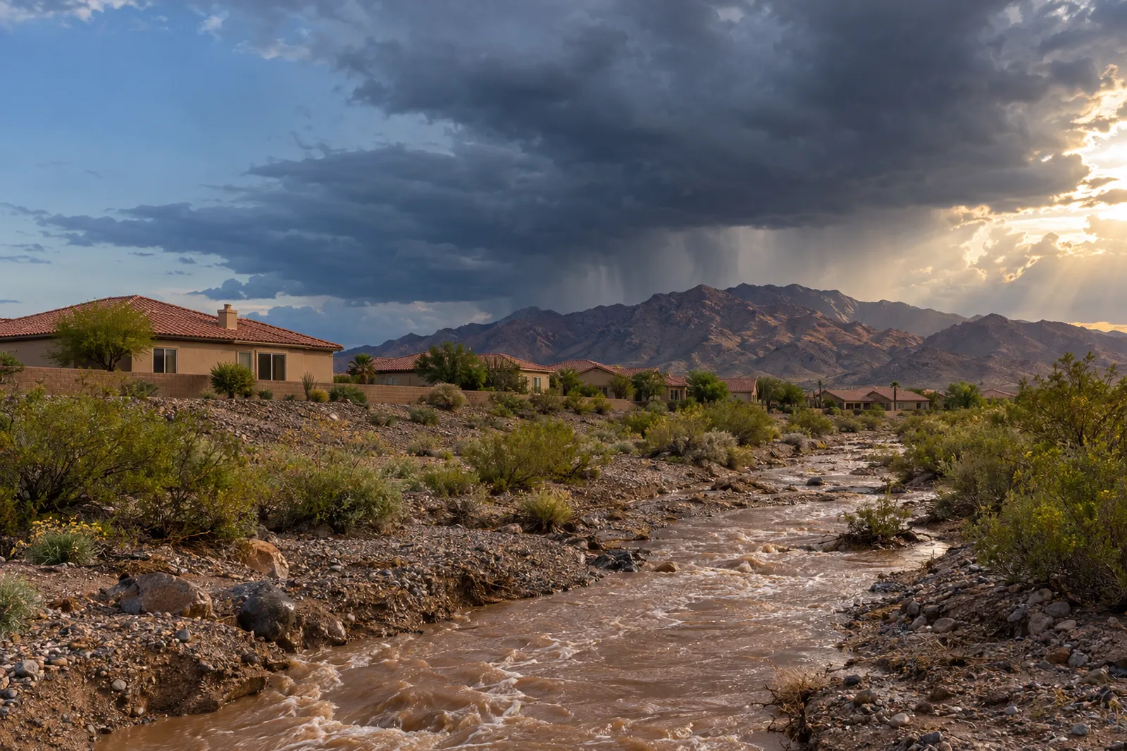 Desert homes with tile roofs under monsoon storm clouds, rainwater running through a wash